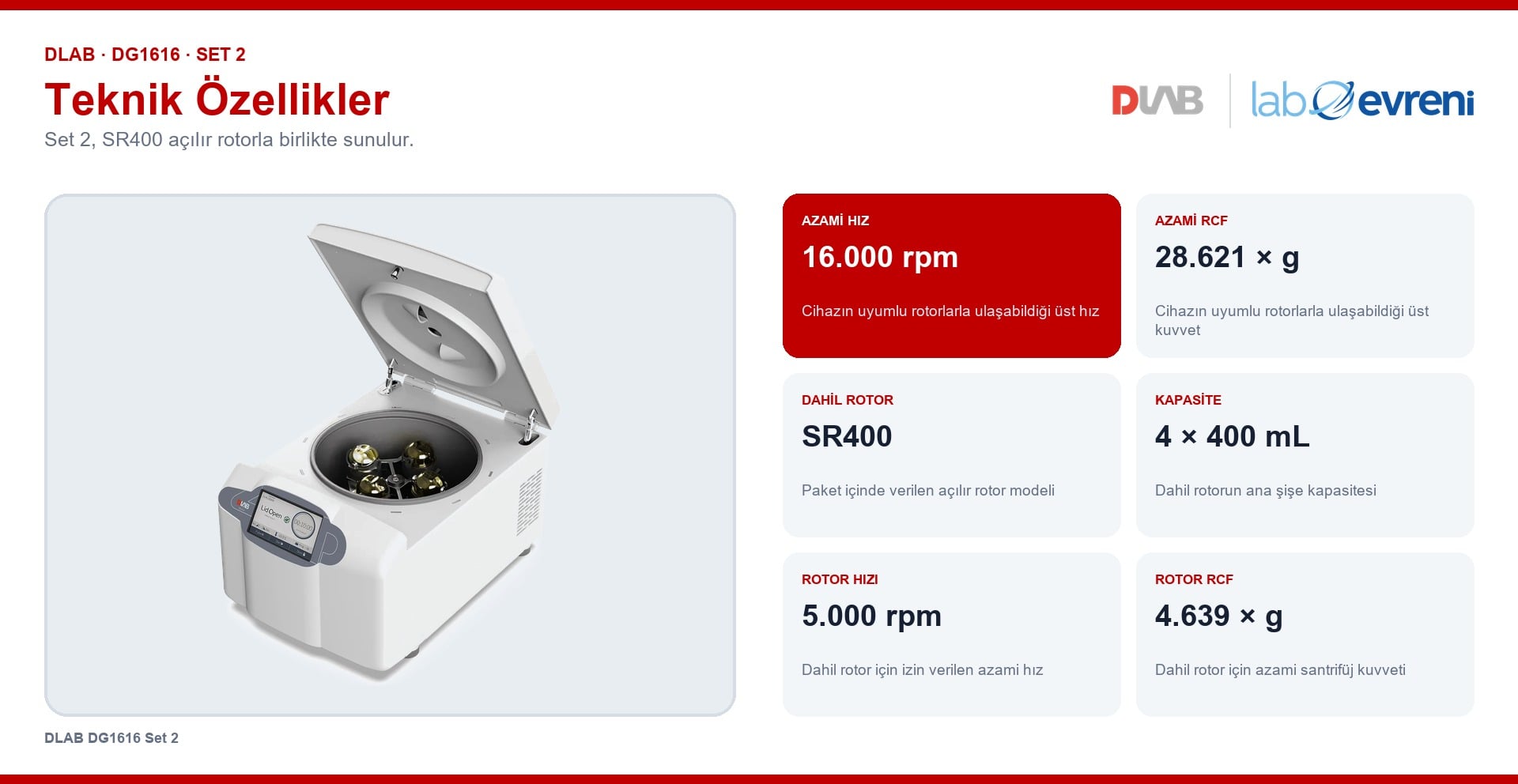 DLAB DG1616 Set 2 için SR400 rotor, 4 × 400 mL kapasite, hız ve RCF değer kartları