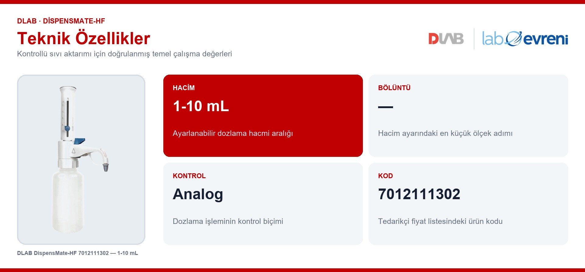 DLAB DispensMate-HF 7012111302 modelinin teknik değer kartları