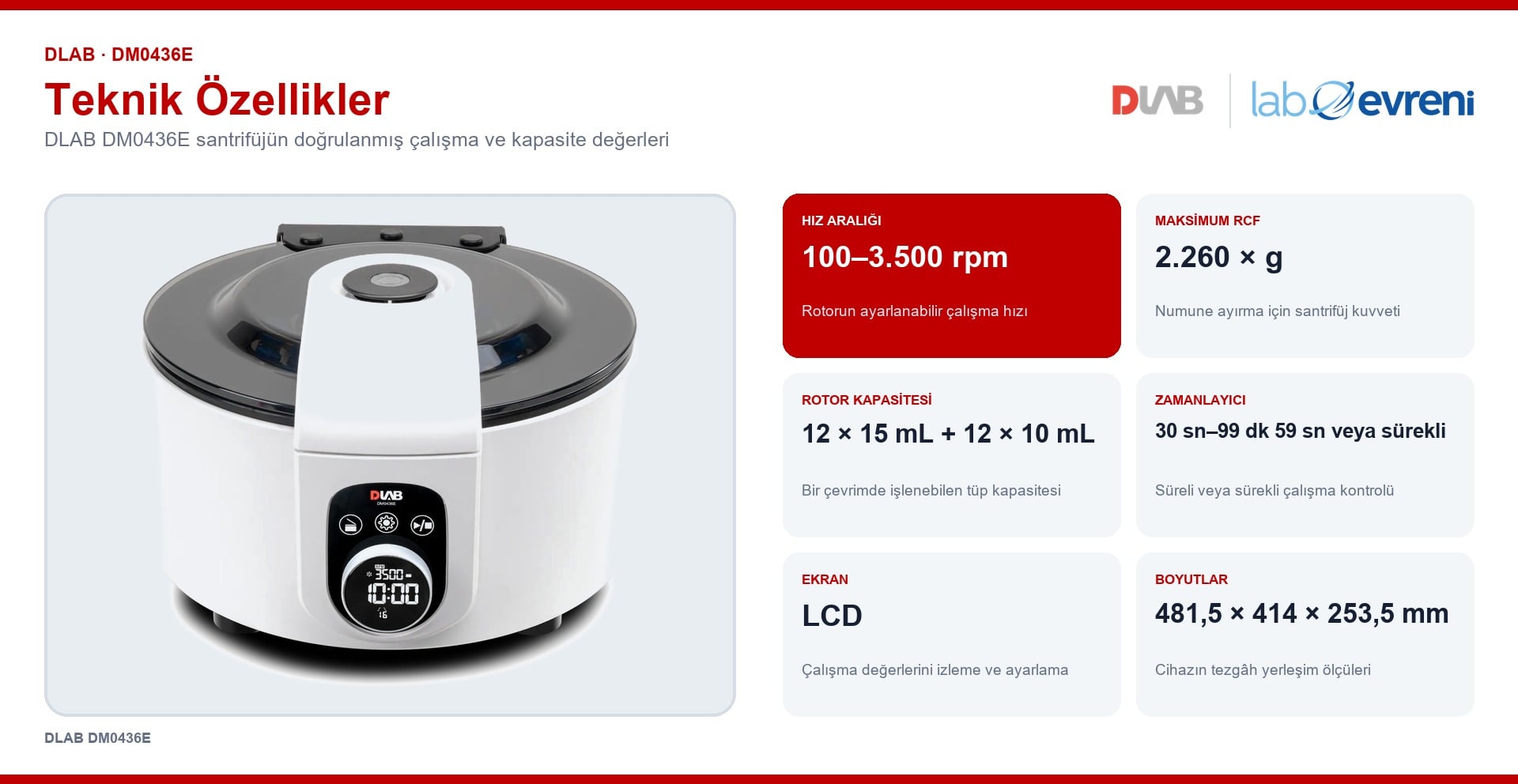 DLAB DM0436E santrifüjün hız, RCF, kapasite, ekran, boyut ve ağırlık teknik değer kartları