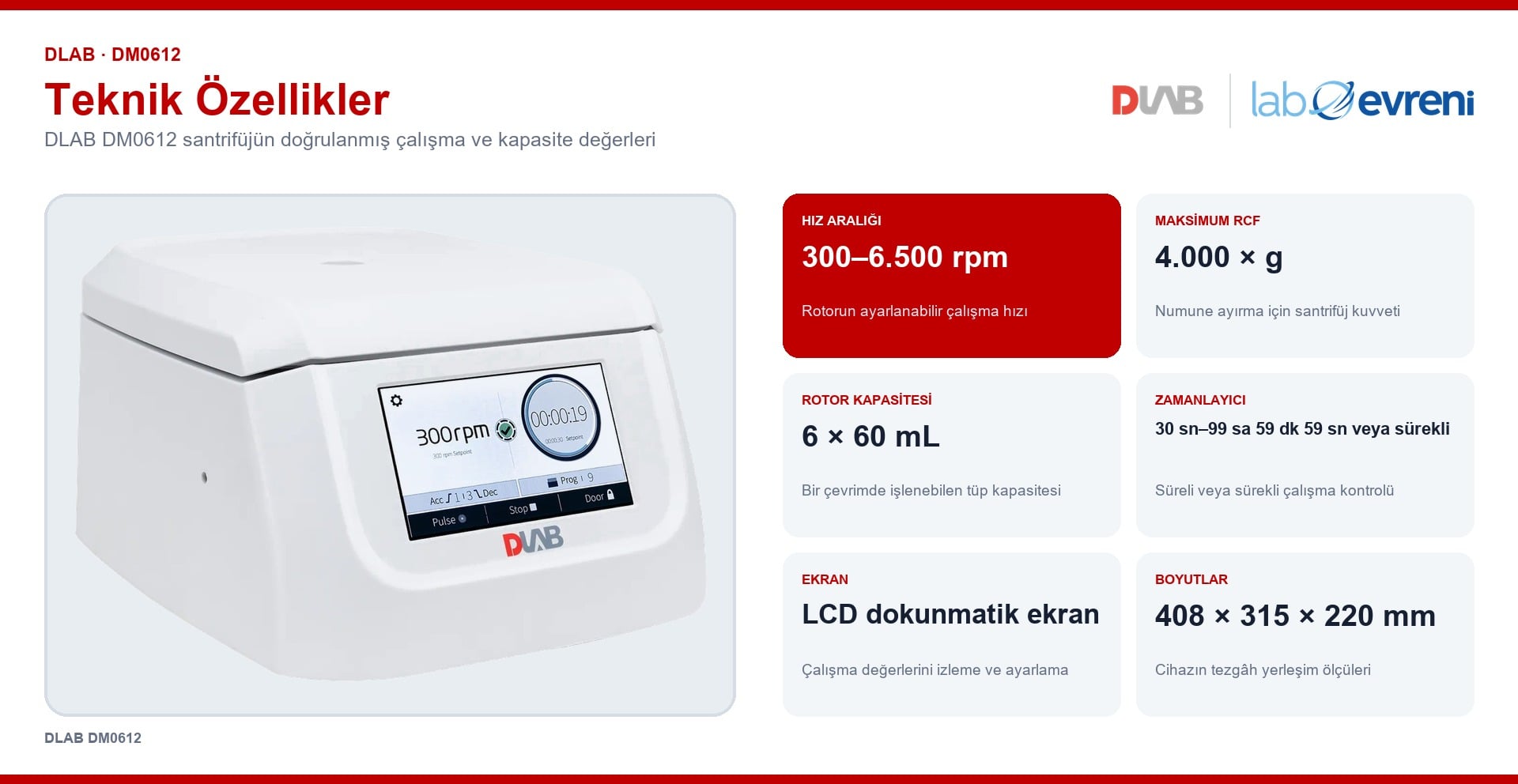 DLAB DM0612 santrifüjün hız, RCF, kapasite, ekran, boyut ve ağırlık teknik değer kartları