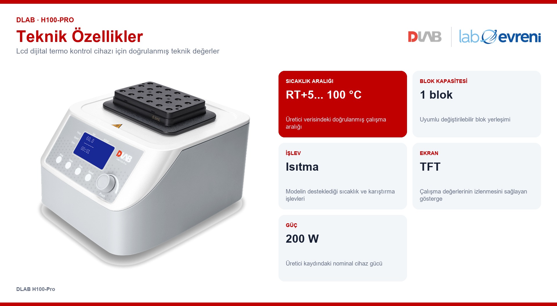 DLAB H100-Pro için sıcaklık, blok kapasitesi, işlev, ekran ve çalışma değerleri