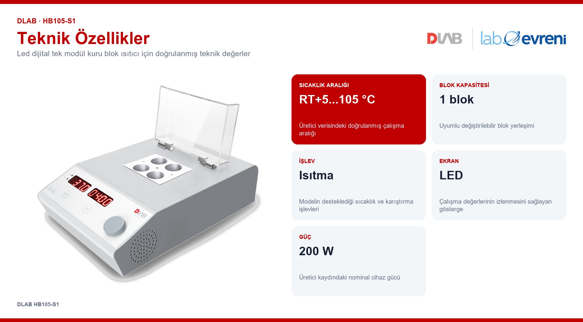 DLAB HB105-S1 için sıcaklık, blok kapasitesi, işlev, ekran ve çalışma değerleri