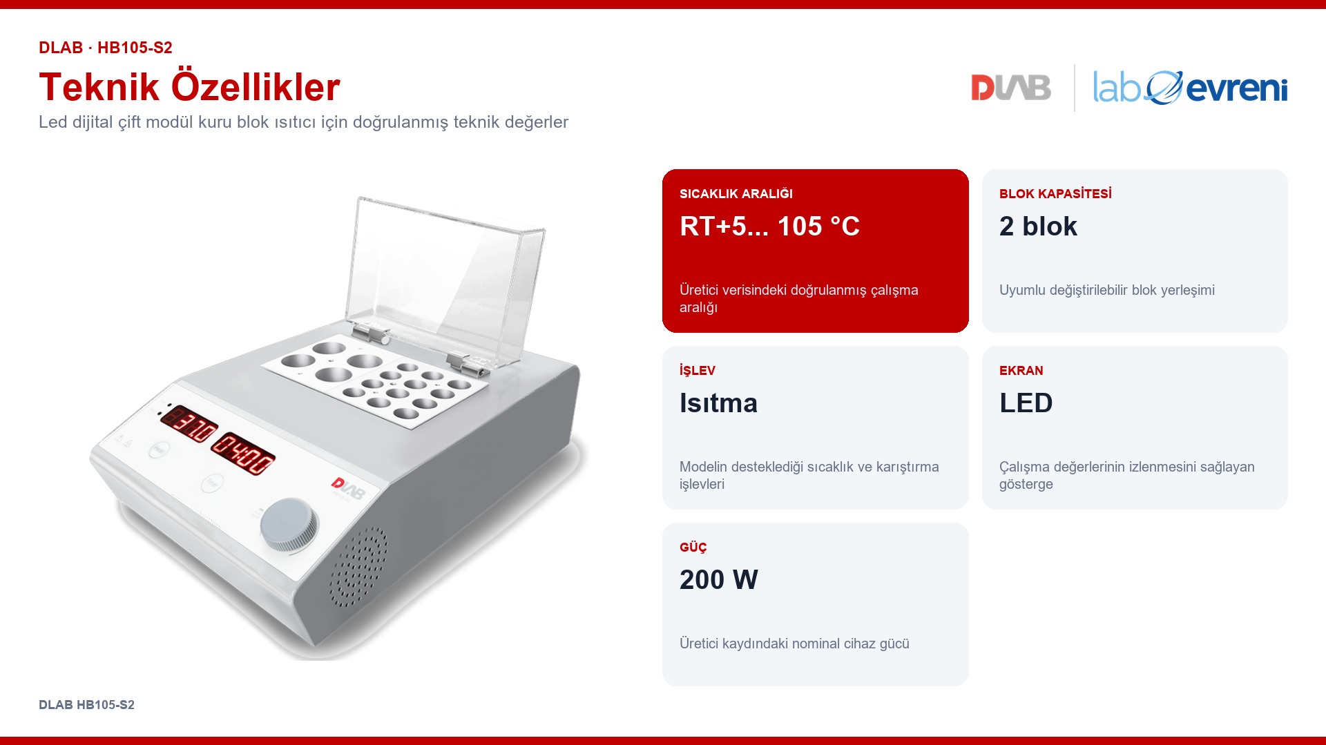 DLAB HB105-S2 için sıcaklık, blok kapasitesi, işlev, ekran ve çalışma değerleri