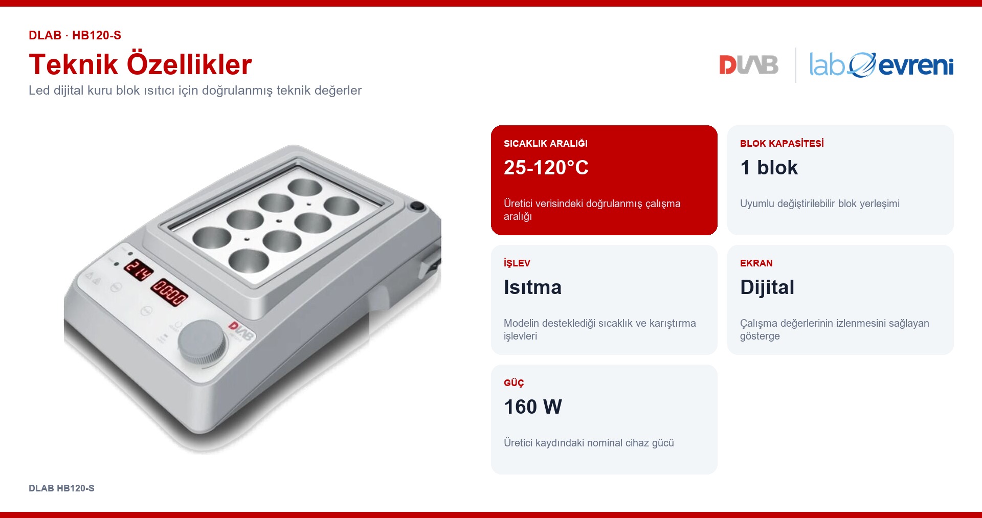 DLAB HB120-S için sıcaklık, blok kapasitesi, işlev, ekran ve çalışma değerleri