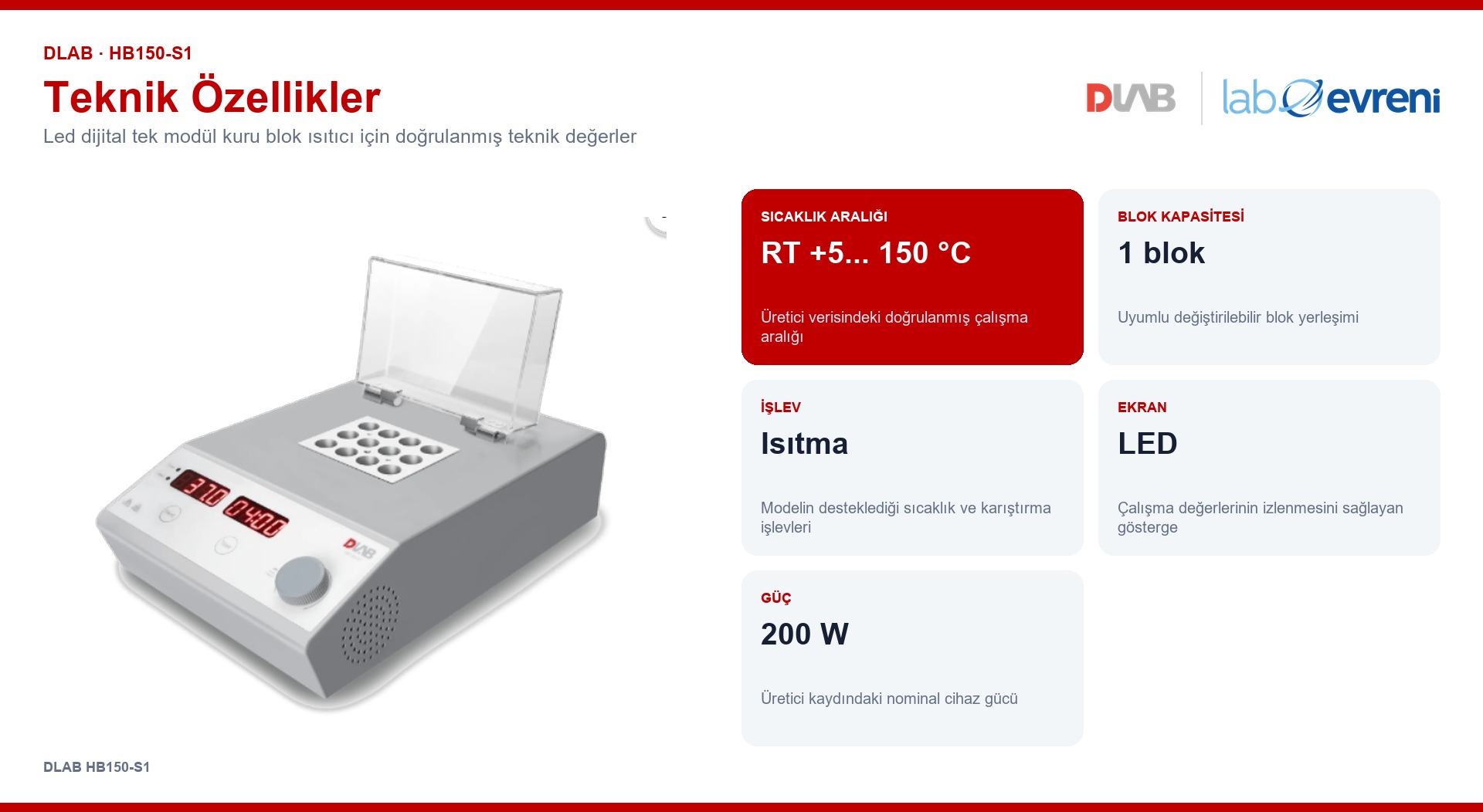 DLAB HB150-S1 için sıcaklık, blok kapasitesi, işlev, ekran ve çalışma değerleri