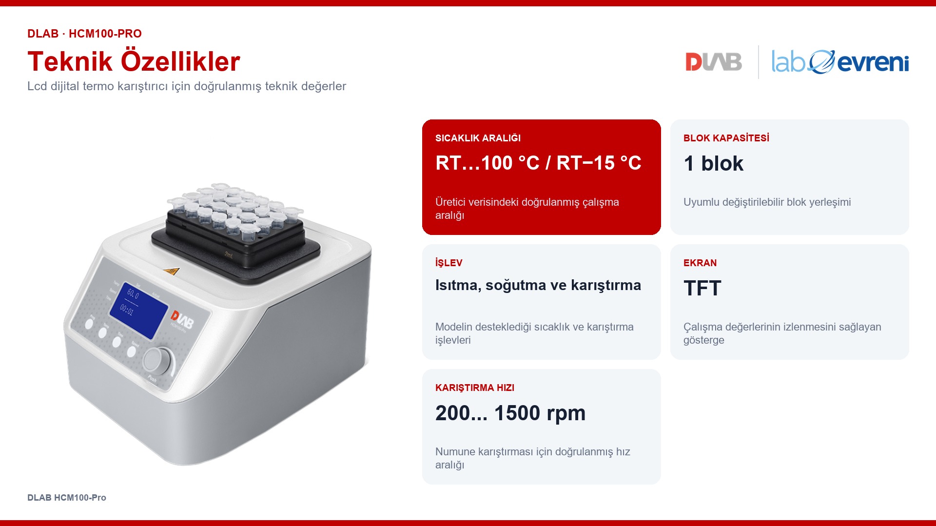 DLAB HCM100-Pro için sıcaklık, blok kapasitesi, işlev, ekran ve çalışma değerleri
