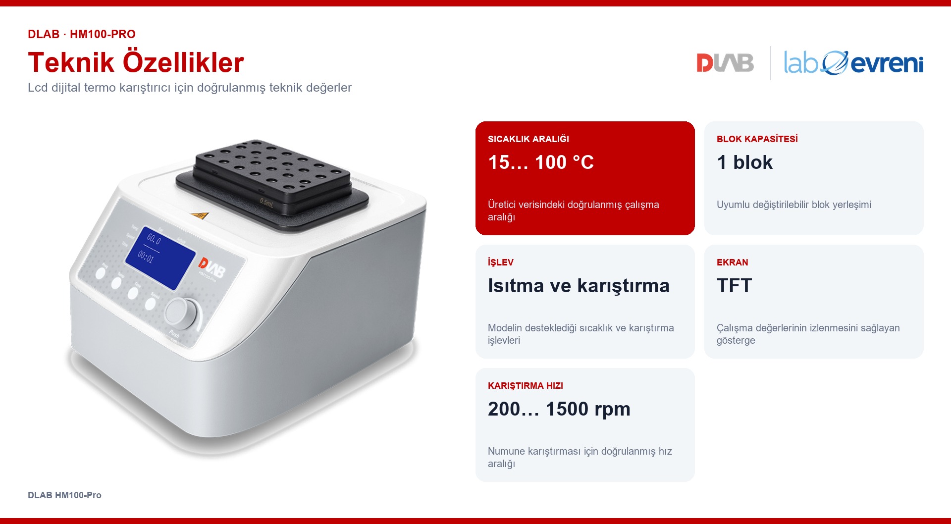 DLAB HM100-Pro için sıcaklık, blok kapasitesi, işlev, ekran ve çalışma değerleri