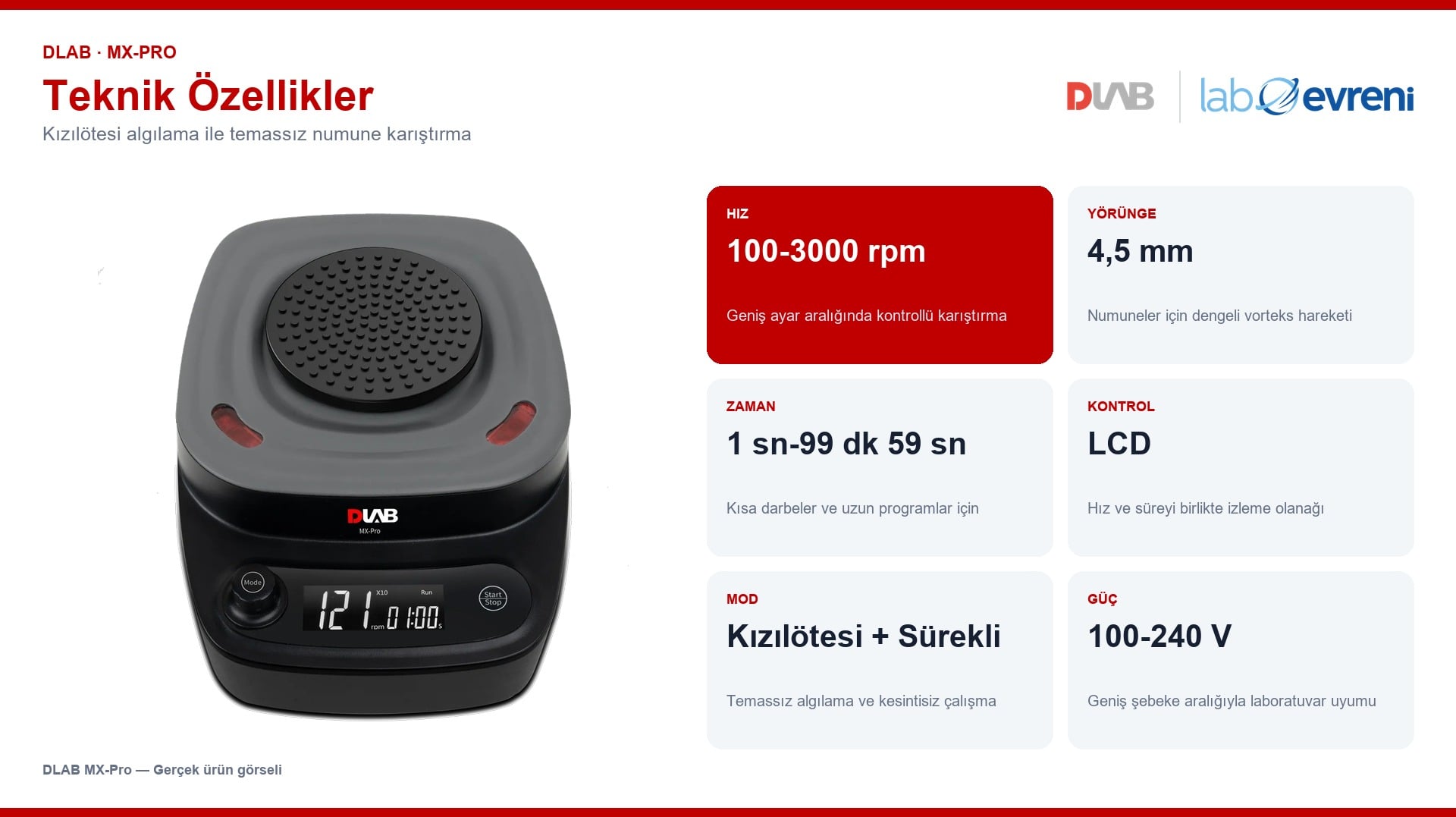 DLAB MX-Pro vorteks karıştırıcının temel teknik değerleri