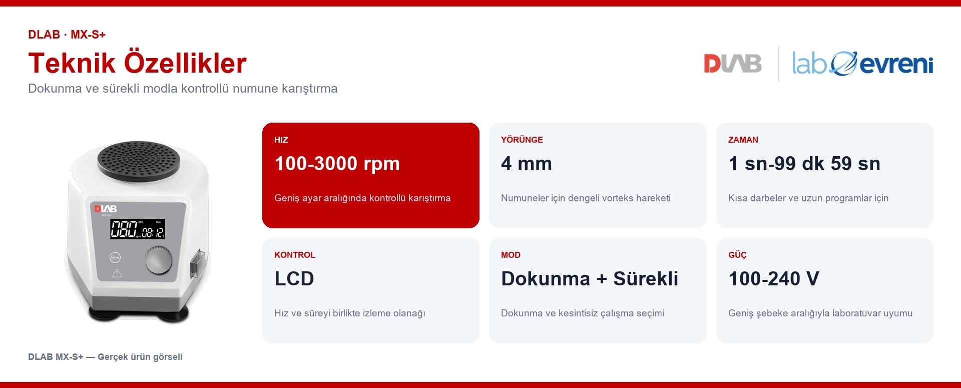 DLAB MX-S+ vorteks karıştırıcının temel teknik değerleri