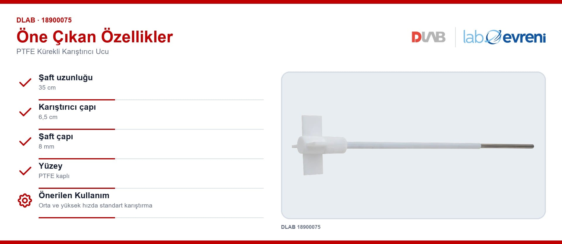 DLAB 18900075 ptfe kürekli karıştırıcı ucu için doğrulanmış özellikler ve gerçek ürün görseli