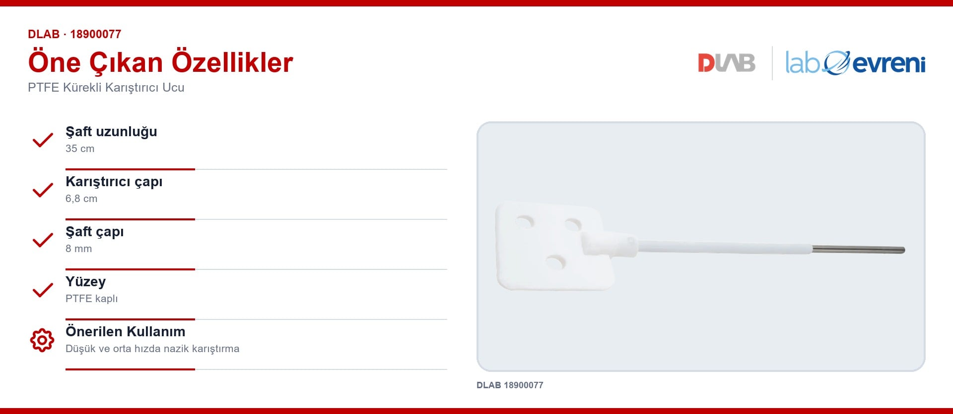 DLAB 18900077 ptfe kürekli karıştırıcı ucu için doğrulanmış özellikler ve gerçek ürün görseli
