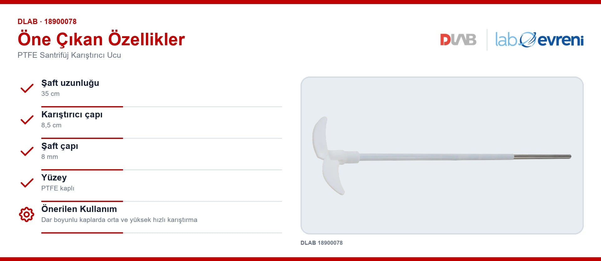 DLAB 18900078 ptfe santrifüj karıştırıcı ucu için doğrulanmış özellikler ve gerçek ürün görseli