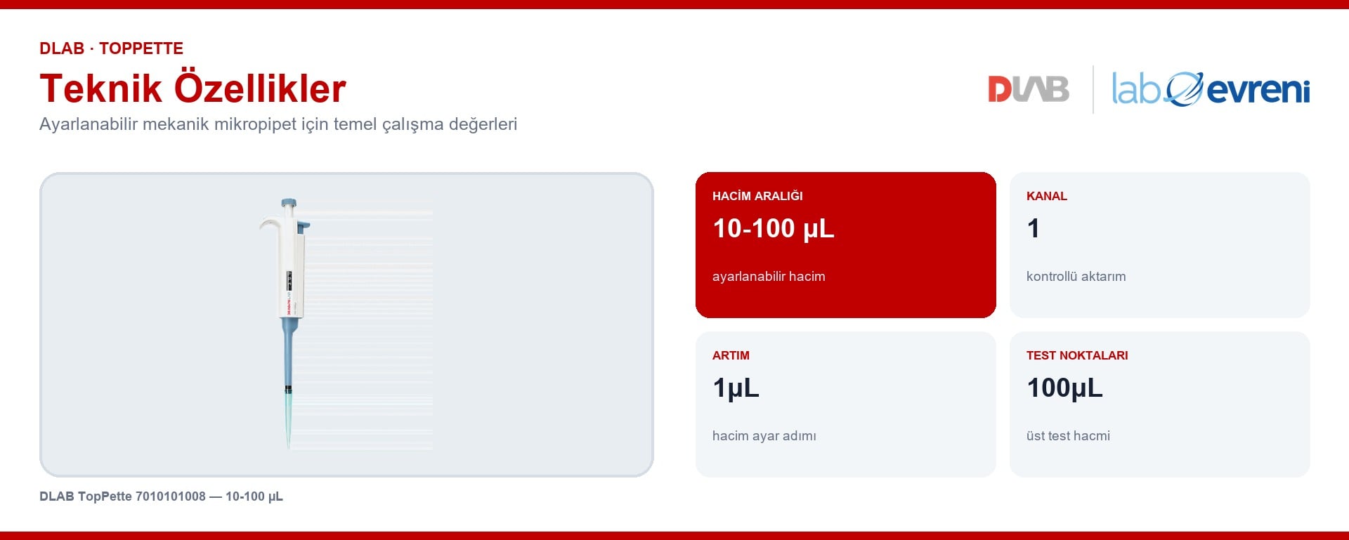 DLAB TopPette 7010101008 10-100 µL mikropipetin teknik değer kartları