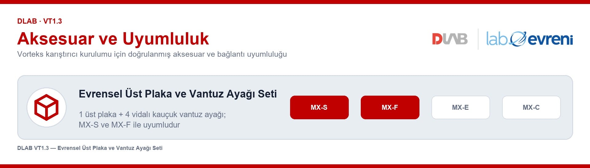 DLAB VT1.3 evrensel üst plaka ve vantuz ayağı seti için vorteks uyumluluk şeması