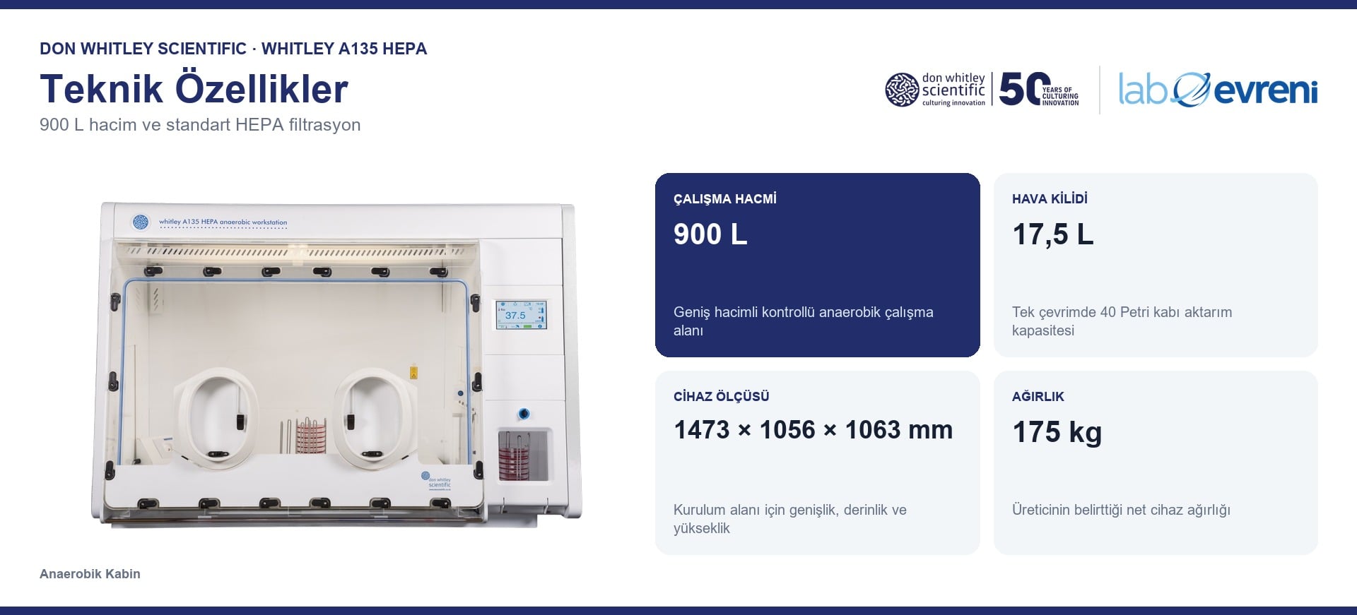 Whitley A135 HEPA çalışma hacmi, hava kilidi, cihaz ölçüsü ve ağırlık kartları