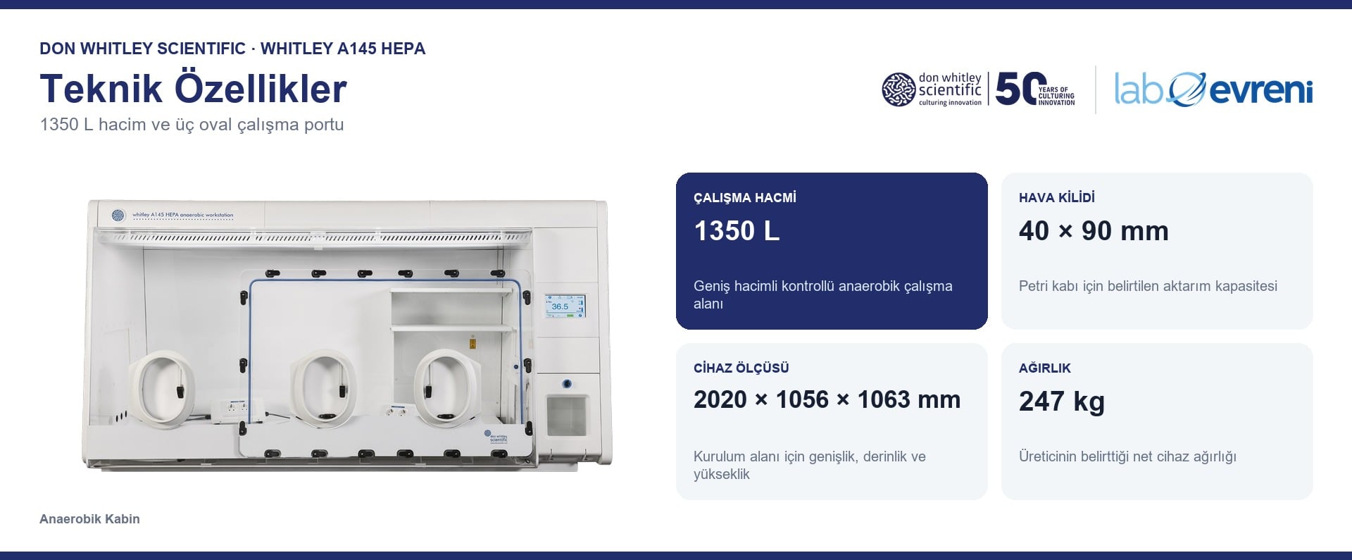 Whitley A145 HEPA çalışma hacmi, hava kilidi, cihaz ölçüsü ve ağırlık kartları