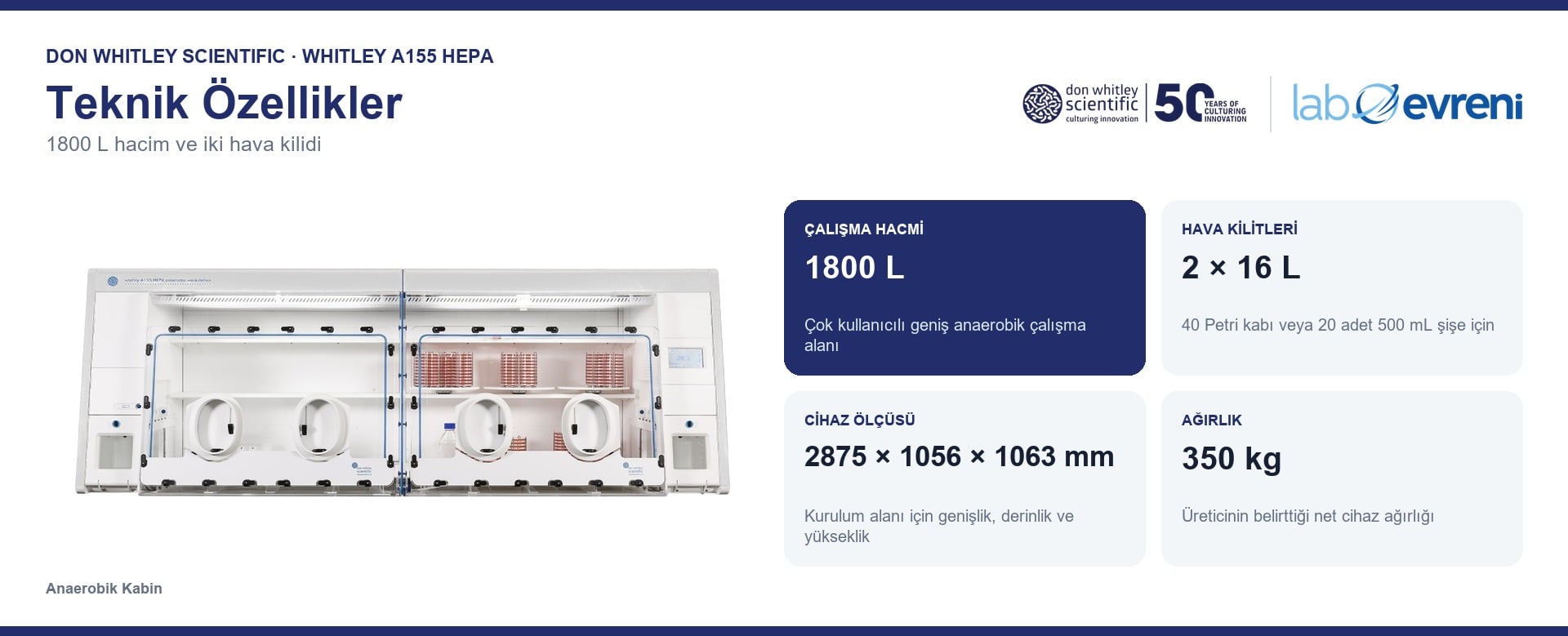 Whitley A155 HEPA çalışma hacmi, hava kilidi, cihaz ölçüsü ve ağırlık kartları