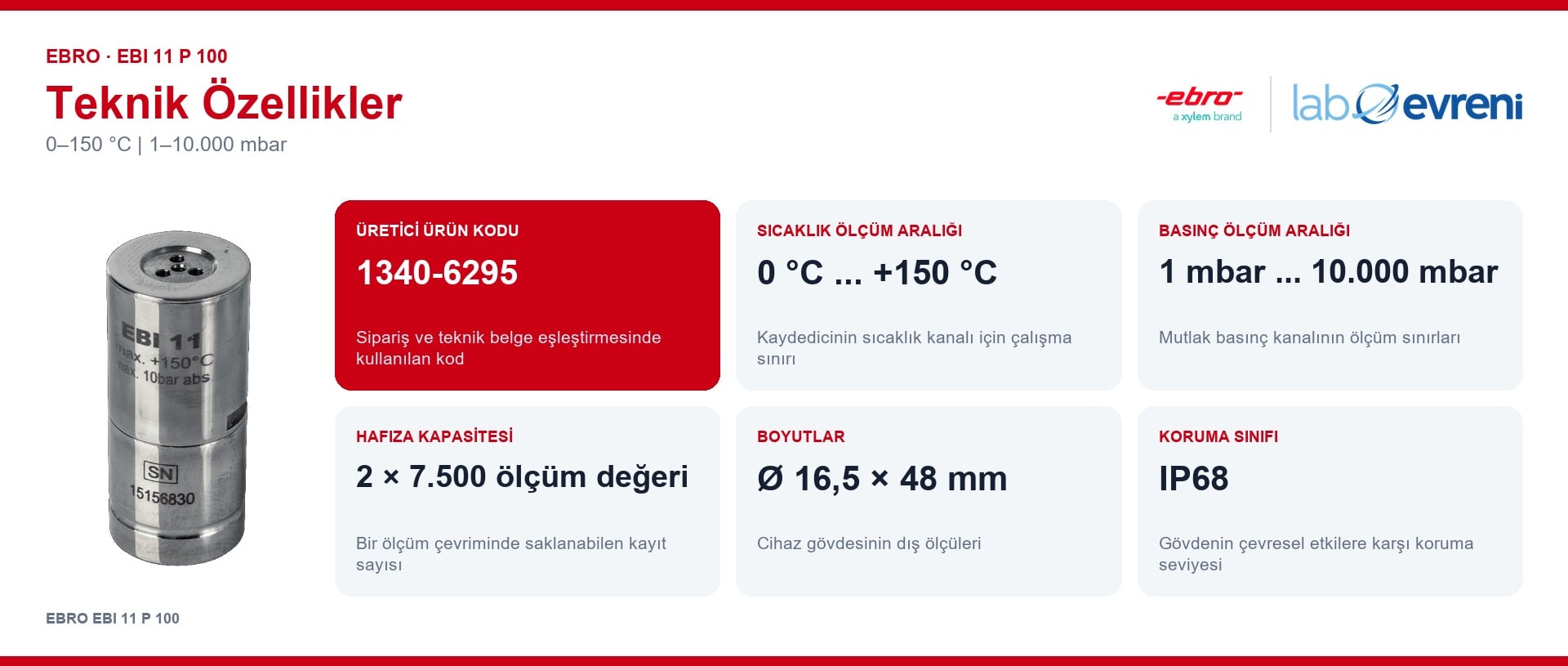 EBRO EBI 11 P 100 Veri Kaydedici temel teknik özellikleri