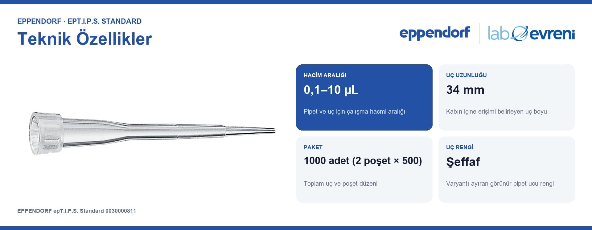 EPPENDORF epT.I.P.S. Standard 0030000811 Pipet Ucu | 0,1–10 µL | 1000 Adet Şeffaf teknik değer kartları