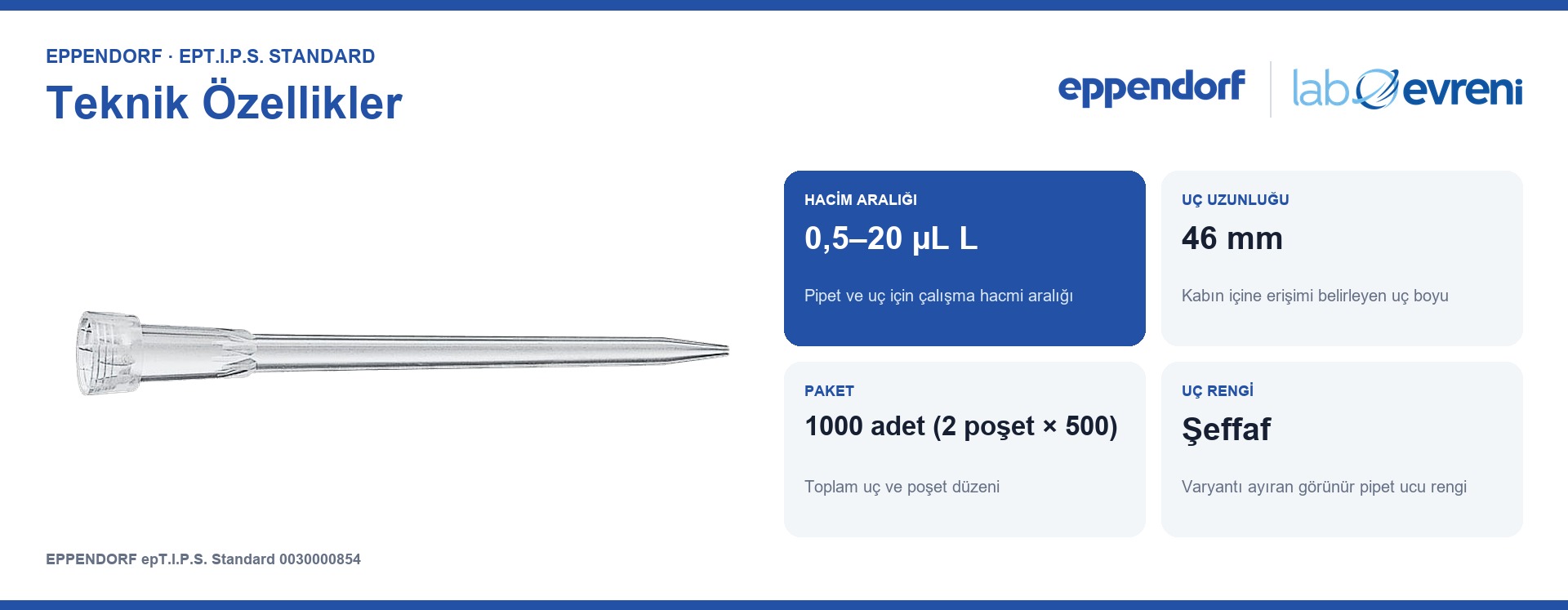 EPPENDORF epT.I.P.S. Standard 0030000854 Pipet Ucu | 0,5–20 µL L | 1000 Adet Şeffaf teknik değer kartları