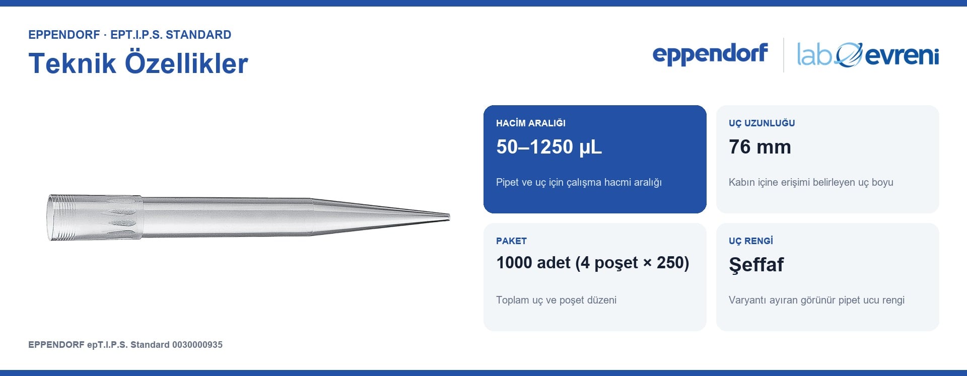 EPPENDORF epT.I.P.S. Standard 0030000935 Pipet Ucu | 50–1250 µL | 1000 Adet Şeffaf teknik değer kartları