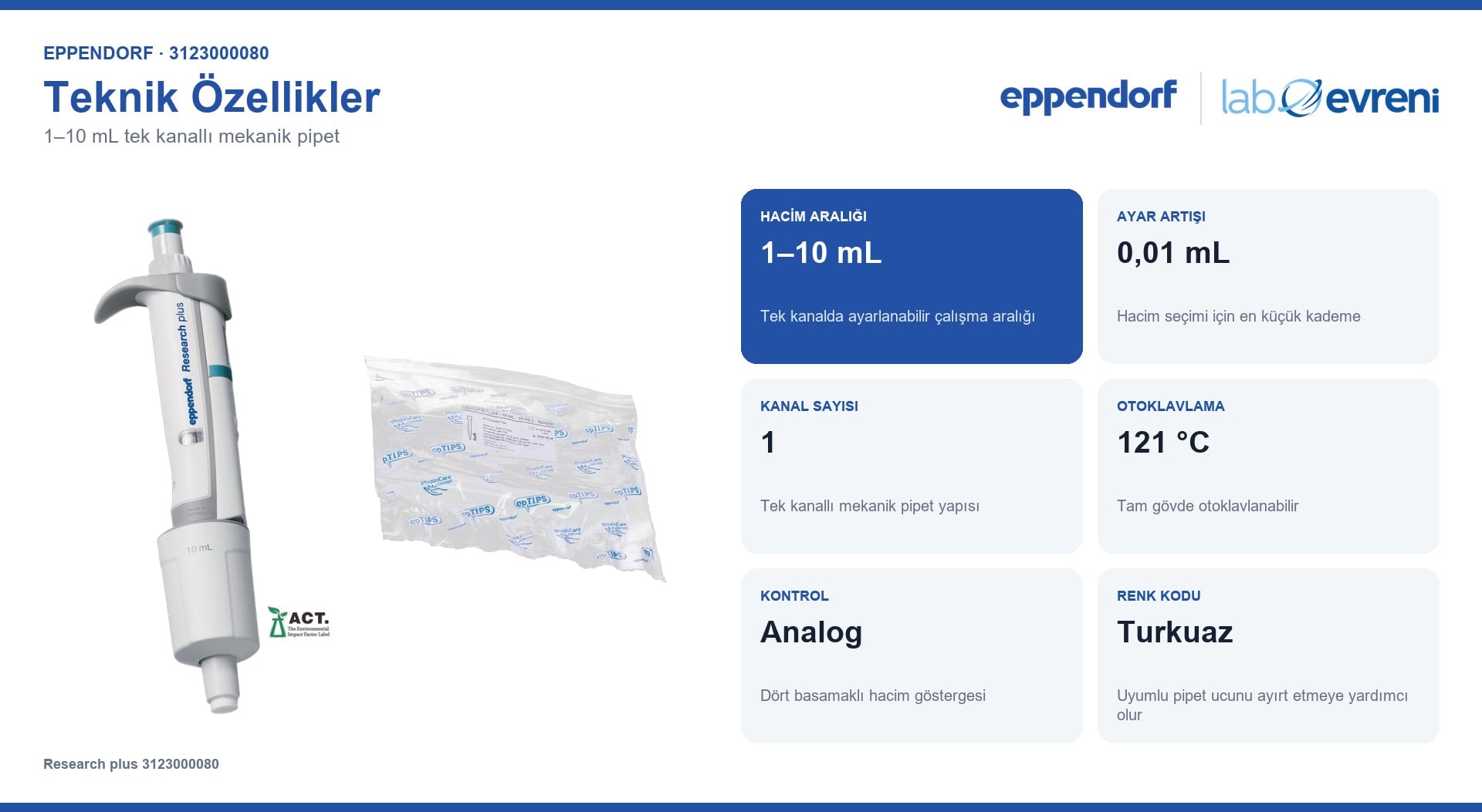 EPPENDORF Research plus 3123000080 Otomatik Pipet | Tek kanal | 1–10 mL teknik değer kartları
