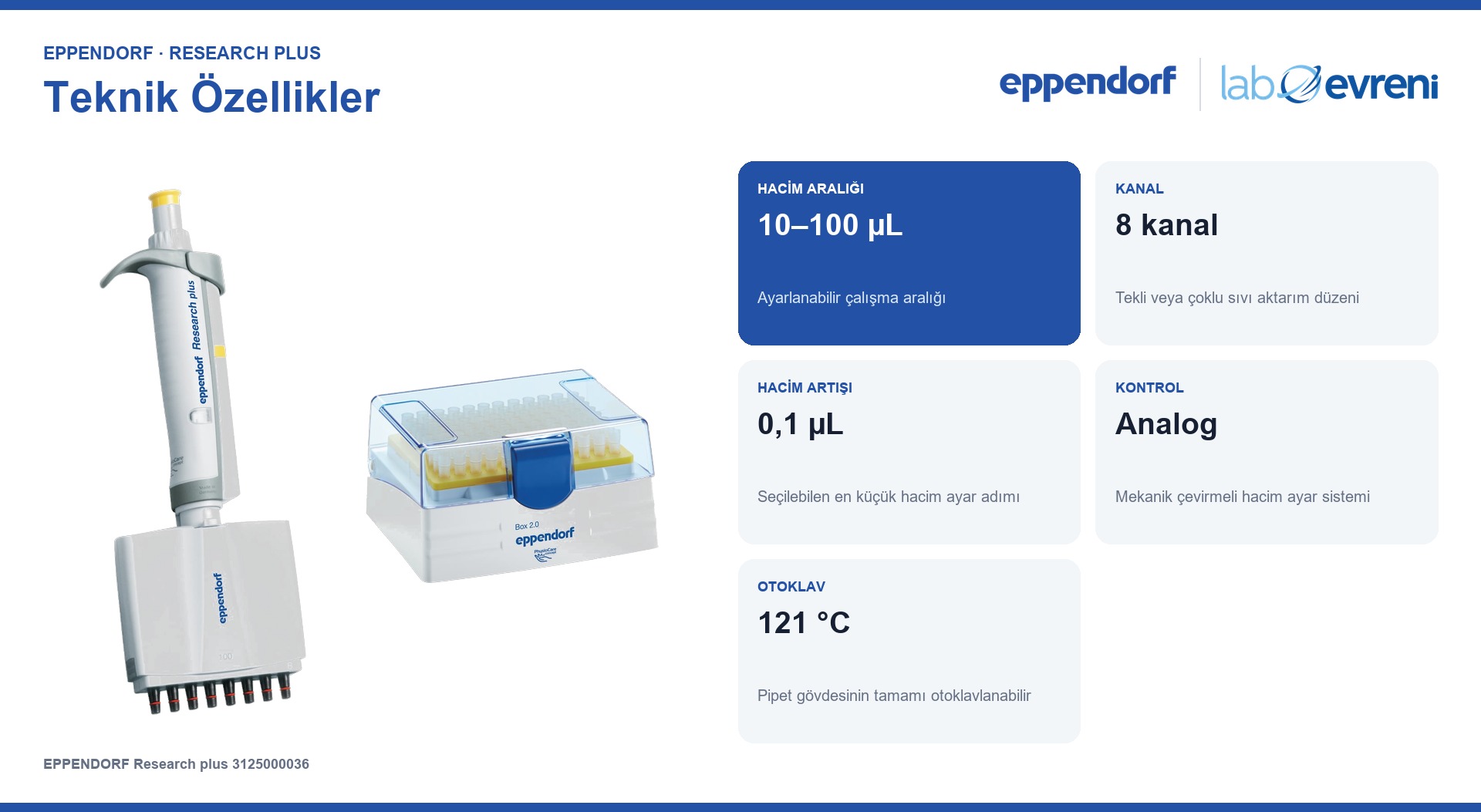 EPPENDORF Research plus 3125000036 Çok Kanallı Pipet | 8 kanal | 10–100 µL teknik değer kartları