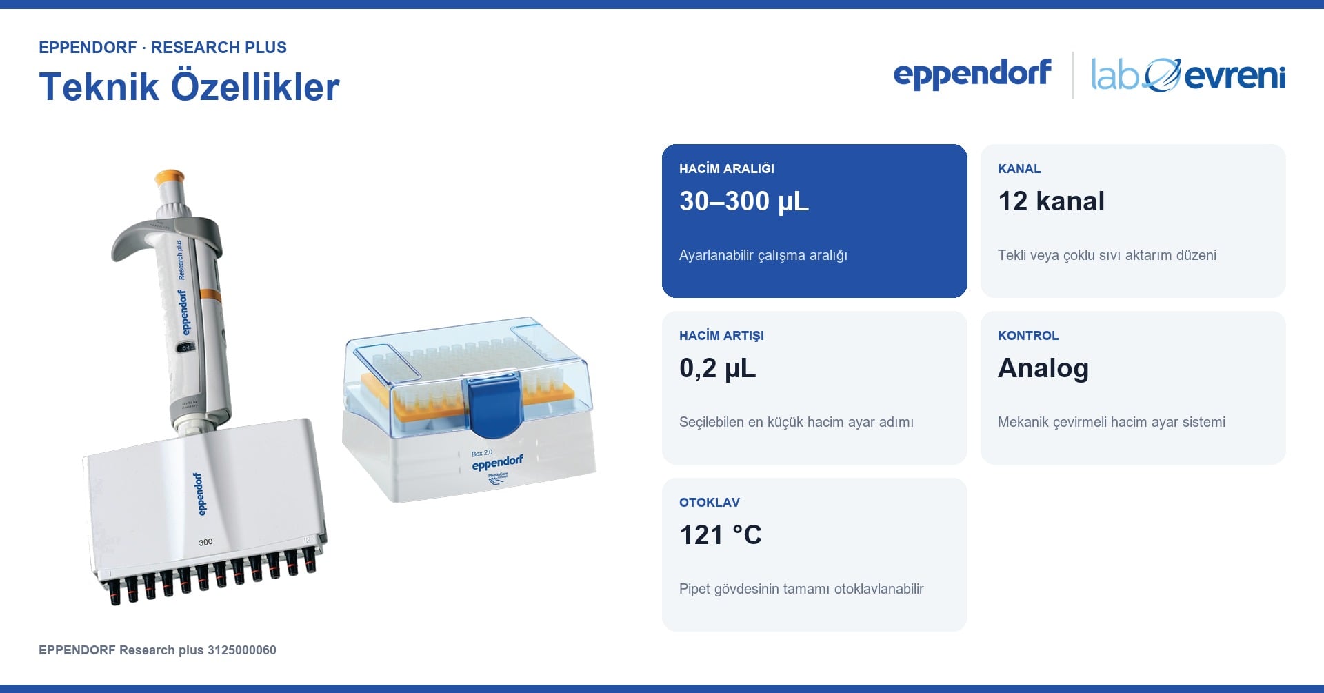 EPPENDORF Research plus 3125000060 Çok Kanallı Pipet | 12 kanal | 30–300 µL teknik değer kartları