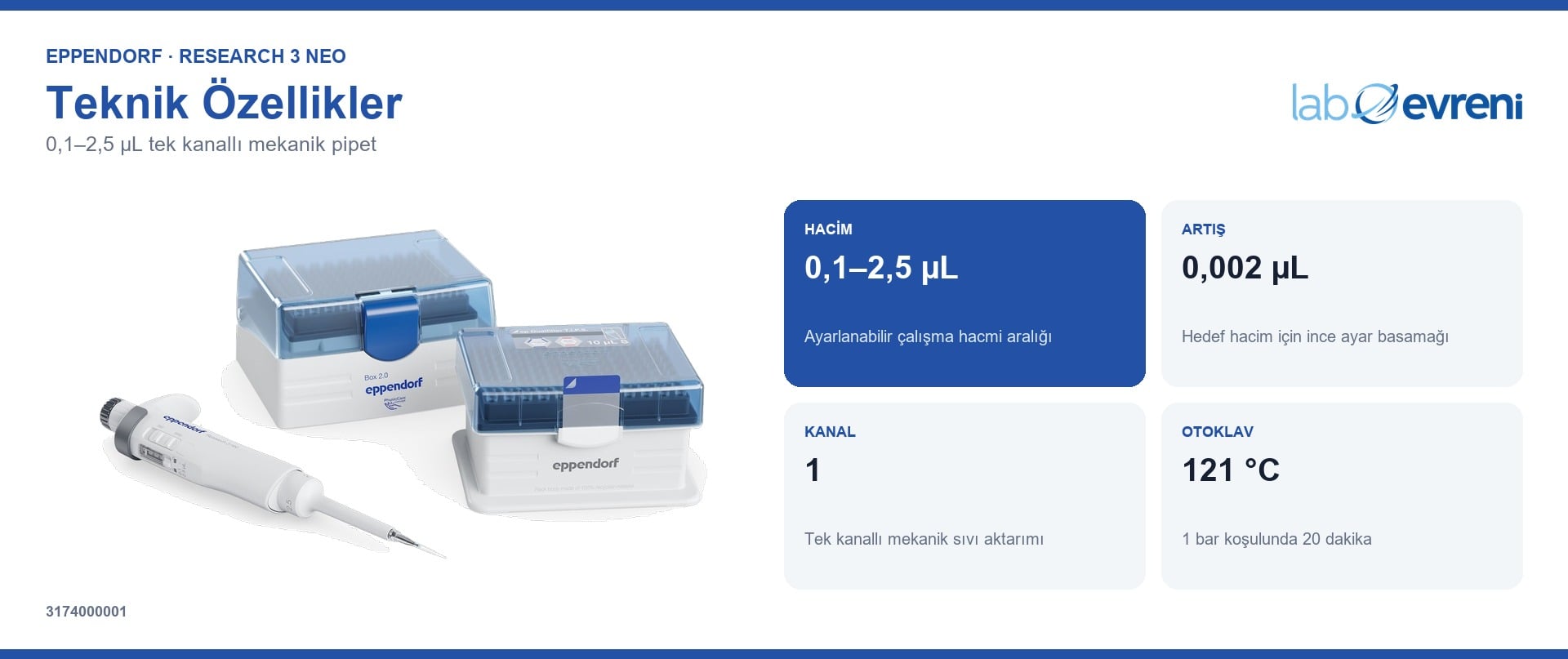 EPPENDORF Research 3 neo 3174000001 0,1–2,5 µL hacim aralığı ve teknik değer kartları