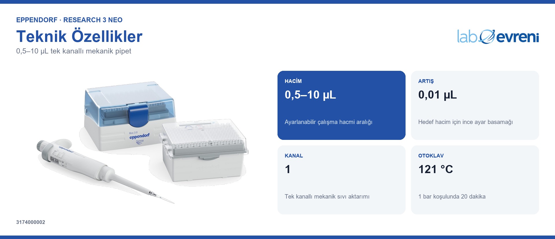 EPPENDORF Research 3 neo 3174000002 0,5–10 µL hacim aralığı ve teknik değer kartları