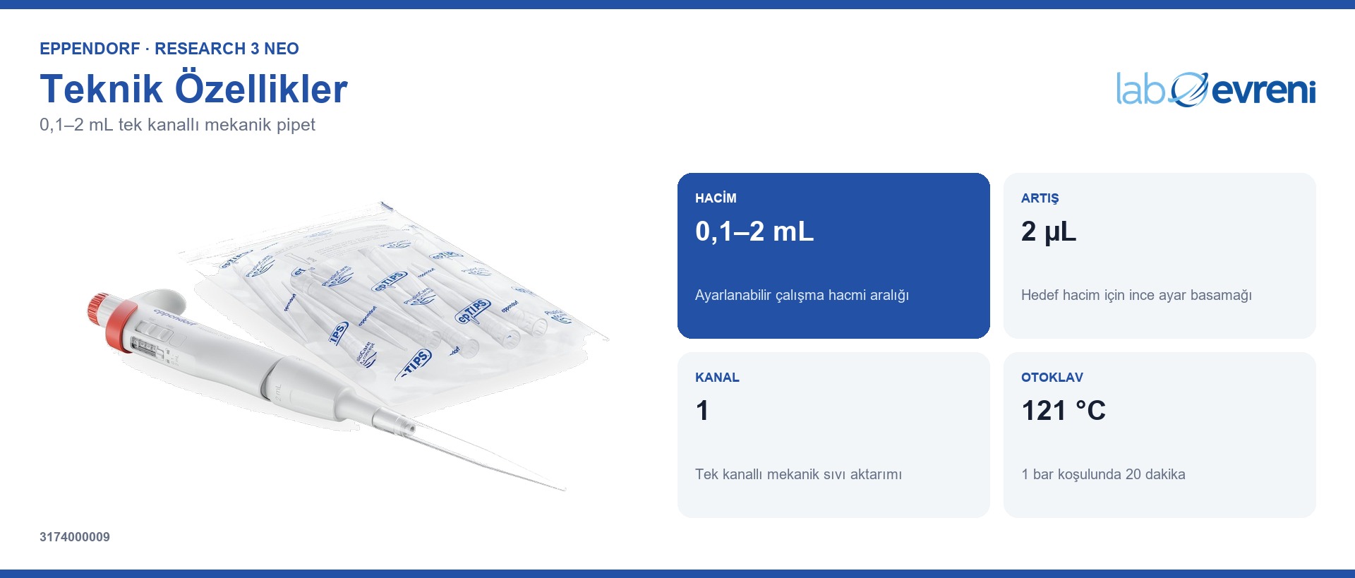 EPPENDORF Research 3 neo 3174000009 0,1–2 mL hacim aralığı ve teknik değer kartları