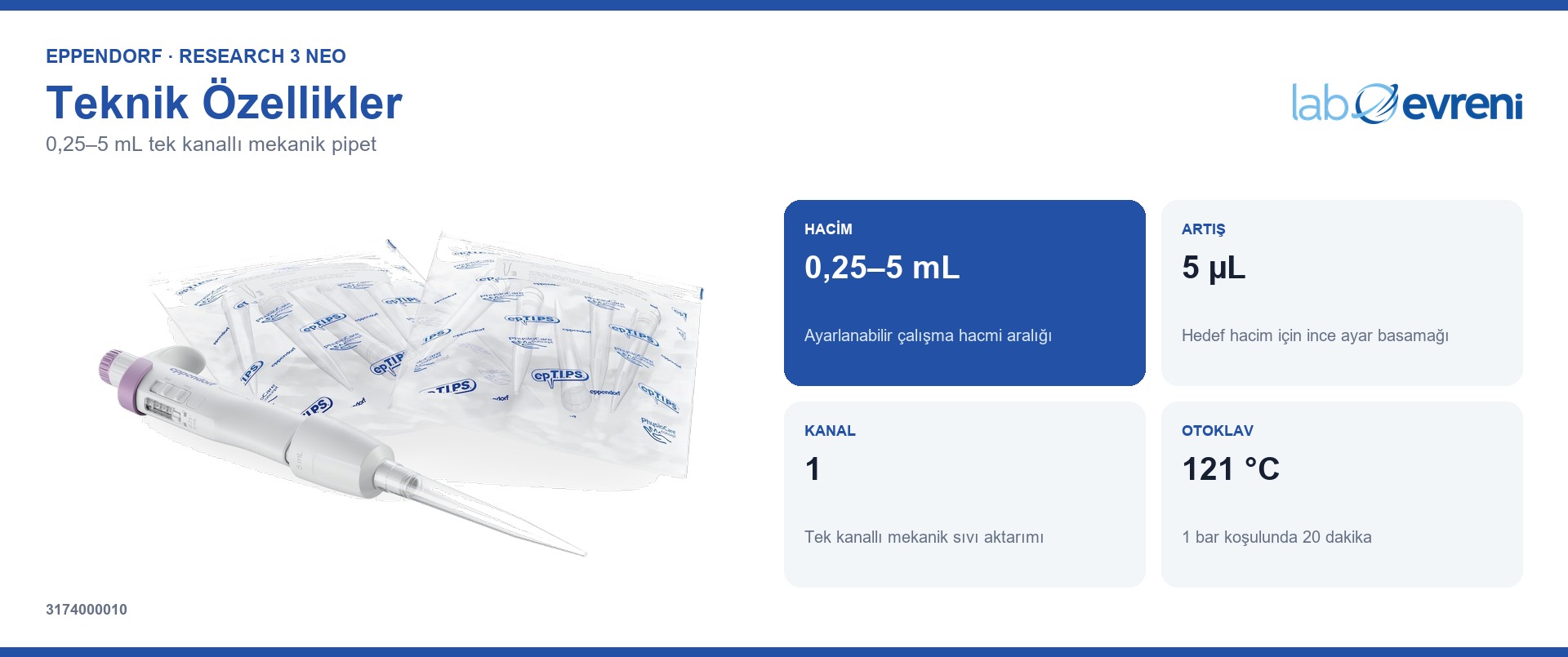 EPPENDORF Research 3 neo 3174000010 0,25–5 mL hacim aralığı ve teknik değer kartları