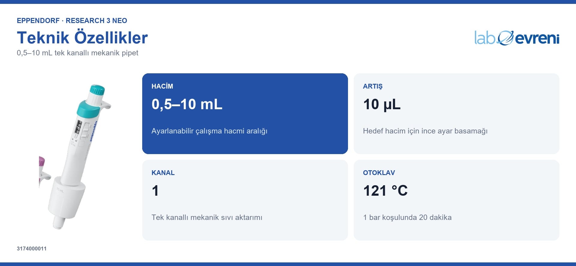 EPPENDORF Research 3 neo 3174000011 0,5–10 mL hacim aralığı ve teknik değer kartları