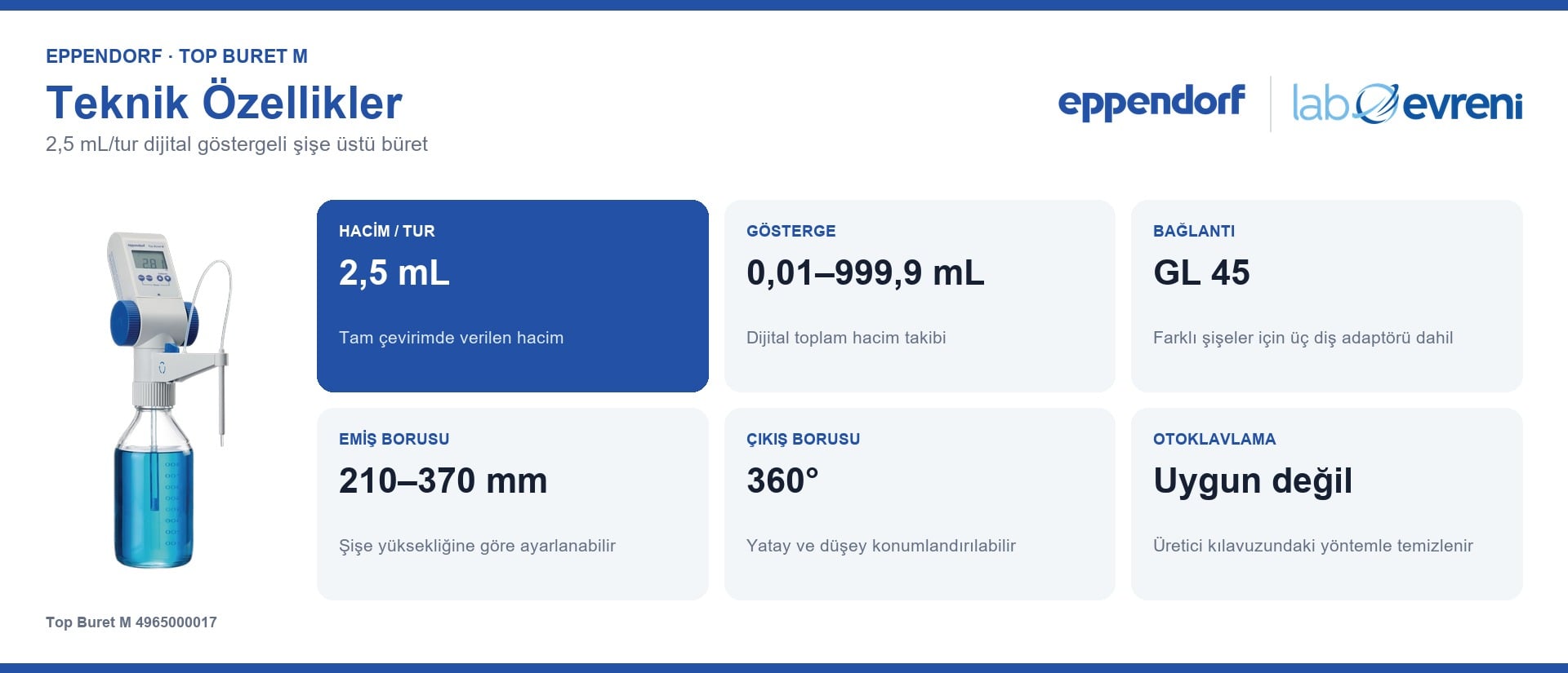 EPPENDORF Top Buret M 4965000017 şişe üstü büret teknik değer kartları
