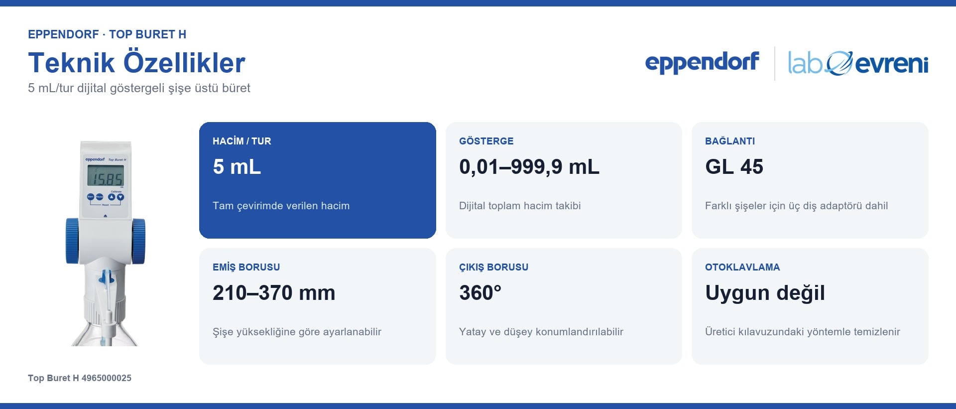 EPPENDORF Top Buret H 4965000025 şişe üstü büret teknik değer kartları