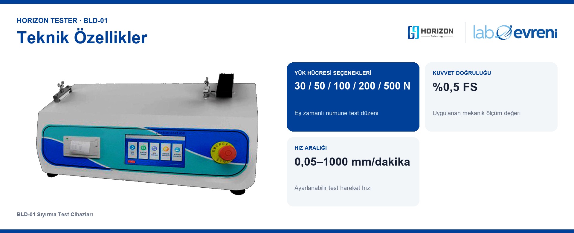 HORIZON TESTER BLD-01 için Kuvvet 500 N, Doğruluk %0,5 FS, Hız 0,05–1000, Hareket 500 mm teknik değer kartları