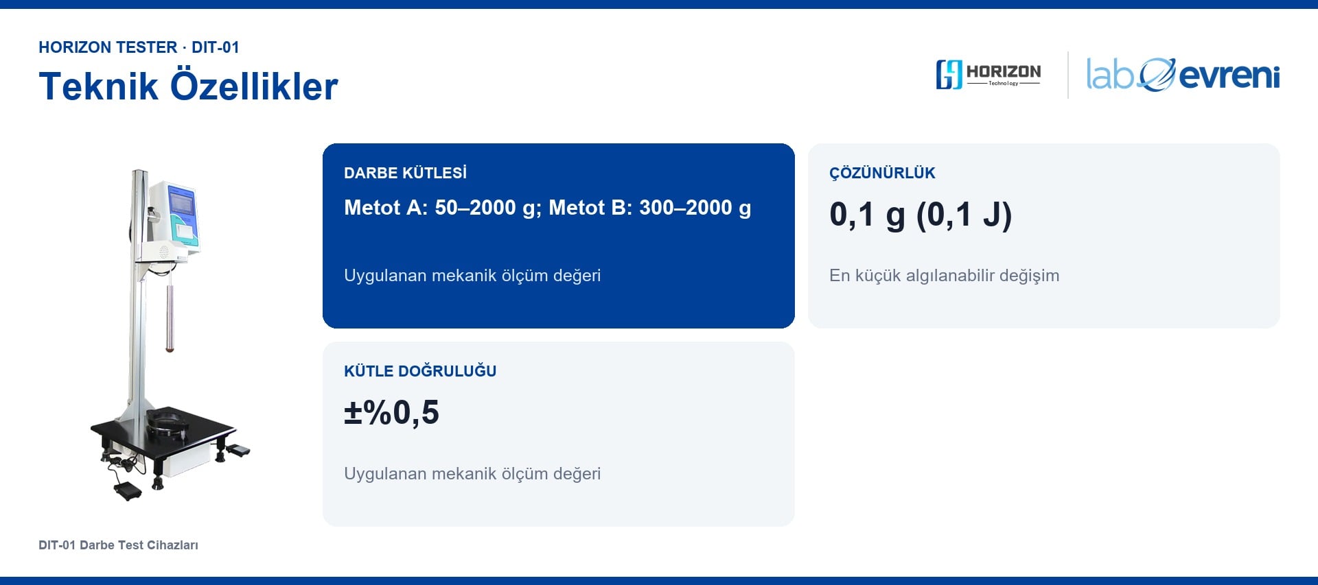 HORIZON TESTER DIT-01 için Darbe Kütlesi 50–2000 g, Çözünürlük 0,1 g, Numune >150 × 150 mm, Hava 0,5–0,7 MPa teknik değer kartları