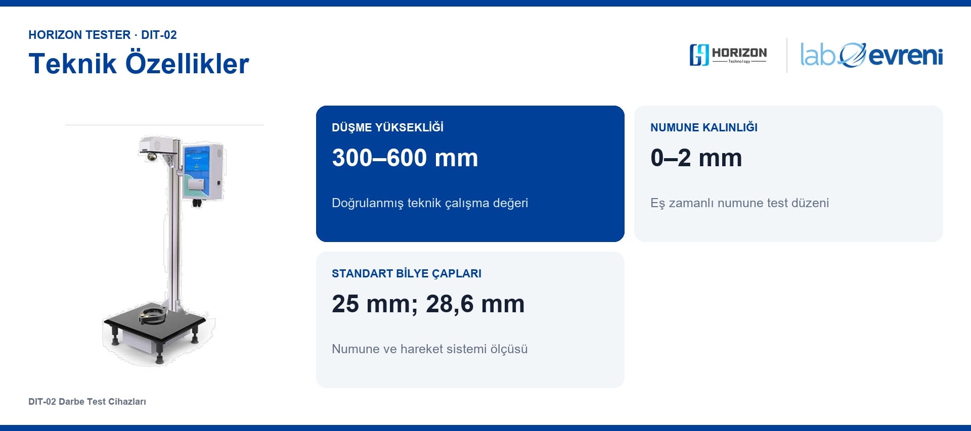 HORIZON TESTER DIT-02 için Yükseklik 300–600 mm, Kalınlık 0–2 mm, Bilye 25 / 28,6 mm, Hava 0,5–0,7 MPa teknik değer kartları