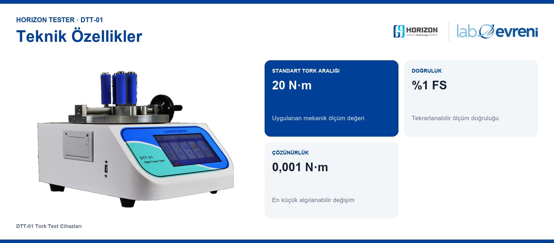 HORIZON TESTER DTT-01 için Tork 20 N·m, Opsiyon 50 N·m, Çözünürlük 0,001 N·m, Çap Φ5–180 mm teknik değer kartları