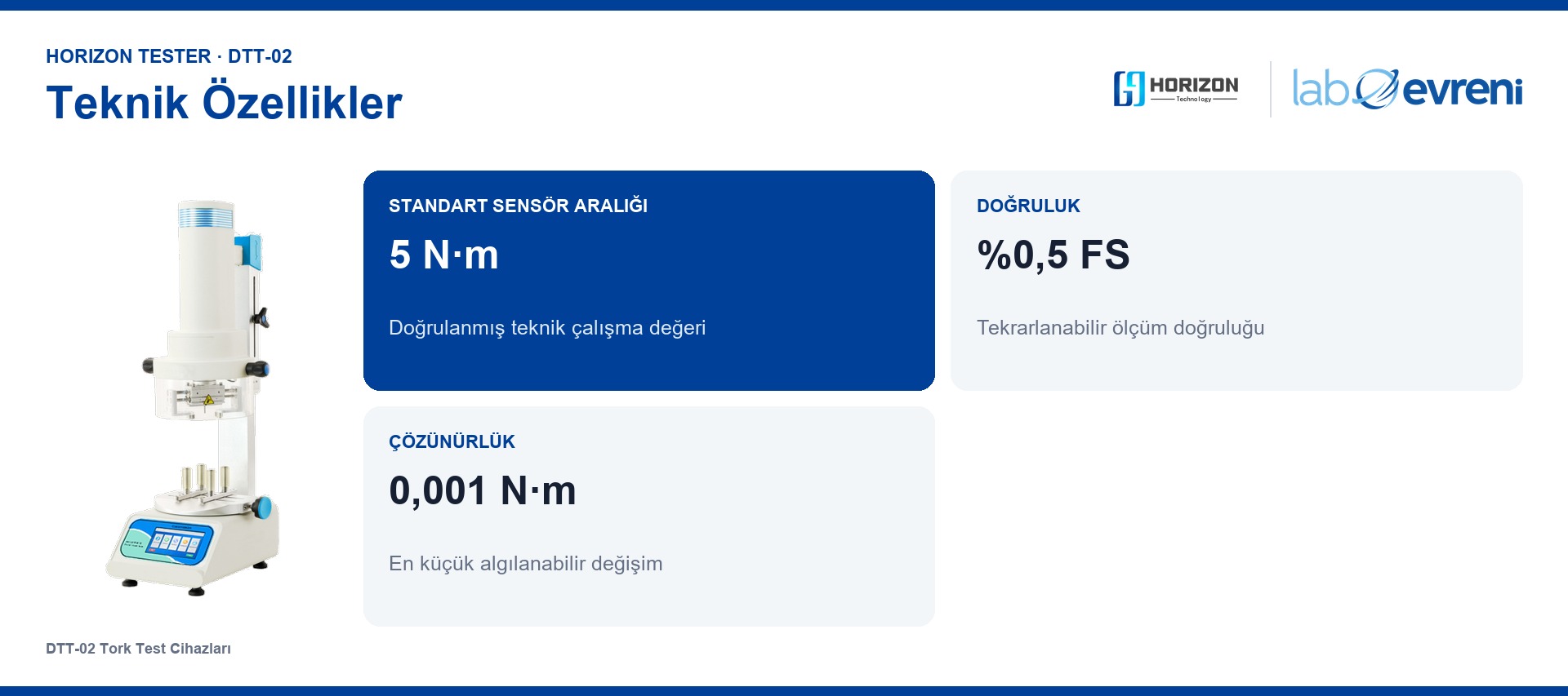 HORIZON TESTER DTT-02 için Sensör 5 N·m, Doğruluk %0,5 FS, Çözünürlük 0,001 N·m, Şişe 20–400 mm teknik değer kartları