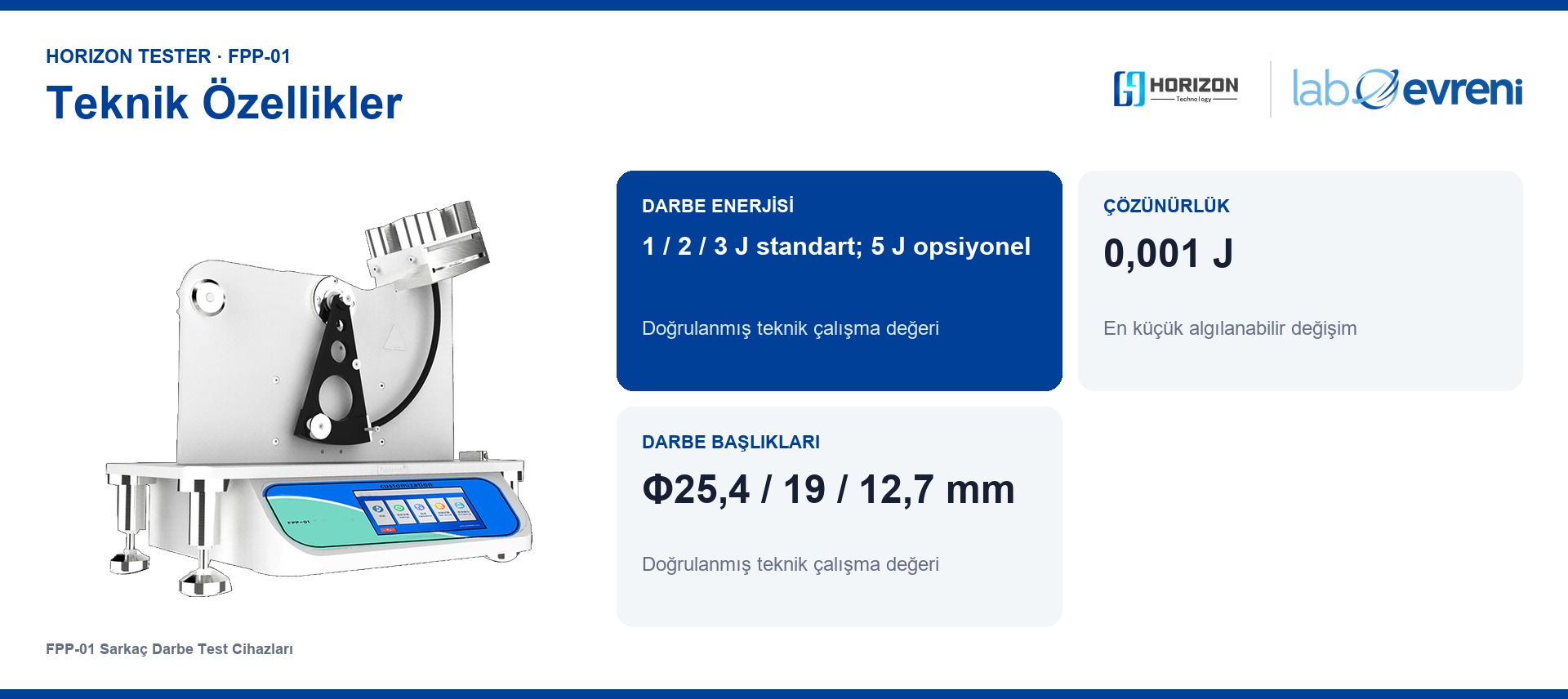 HORIZON TESTER FPP-01 için Enerji 1–5 J, Çözünürlük 0,001 J, Başlık 3 çap, Hava 0,6 MPa teknik değer kartları