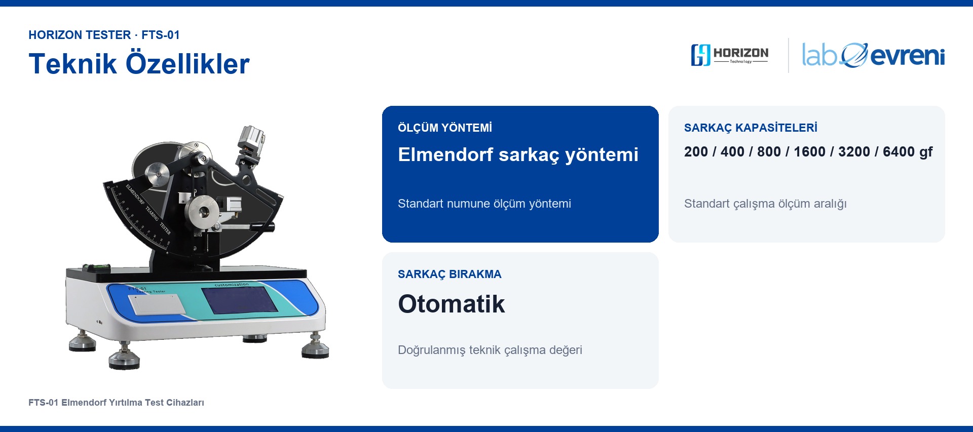 HORIZON TESTER FTS-01 için Sarkaç 200–6400 gf, Tutma Pnömatik, Hava 0,6 MPa, Ağırlık 24,5 kg teknik değer kartları