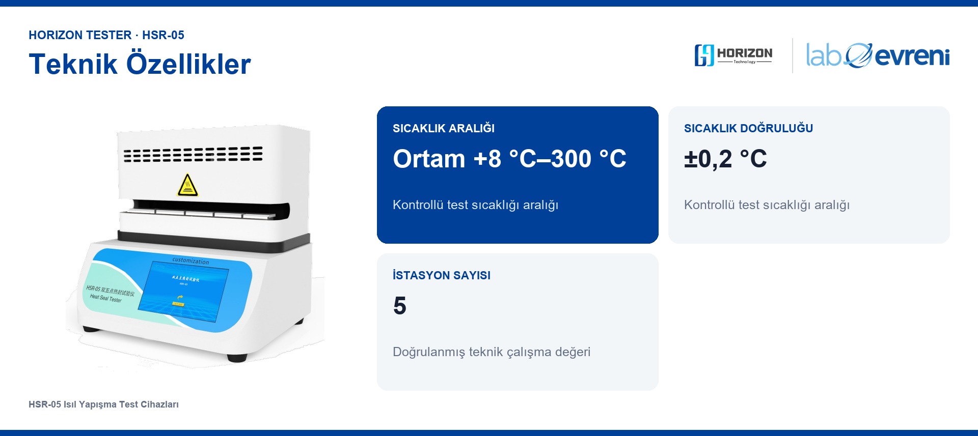 HORIZON TESTER HSR-05 için İstasyon 5, Sıcaklık 300 °C, Fark ≤20 °C, Süre 0,1–999,9 s teknik değer kartları