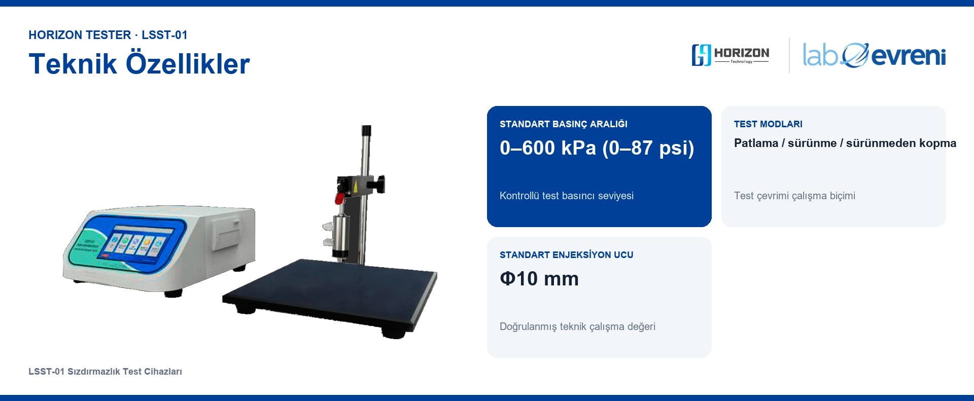 HORIZON TESTER LSST-01 için Basınç 600 kPa, Opsiyon 1,6 MPa, Mod 3 test, Uç Φ10 mm teknik değer kartları
