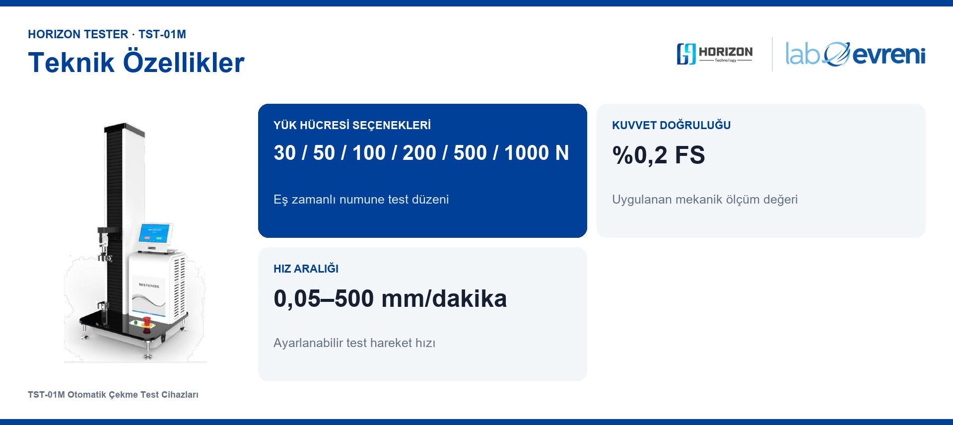 HORIZON TESTER TST-01M için Kuvvet 1000 N, Doğruluk %0,2 FS, Hız 0,05–500, Hareket 600 mm teknik değer kartları