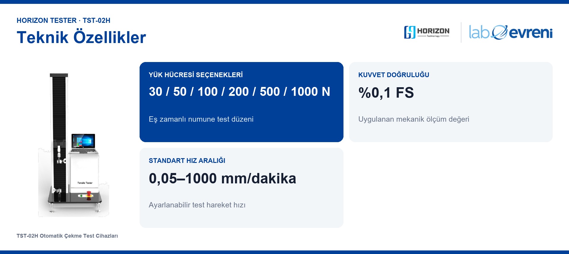 HORIZON TESTER TST-02H için Doğruluk %0,1 FS, Hareket 1000 mm, Hız 0,05–1000, Kuvvet 1000 N teknik değer kartları