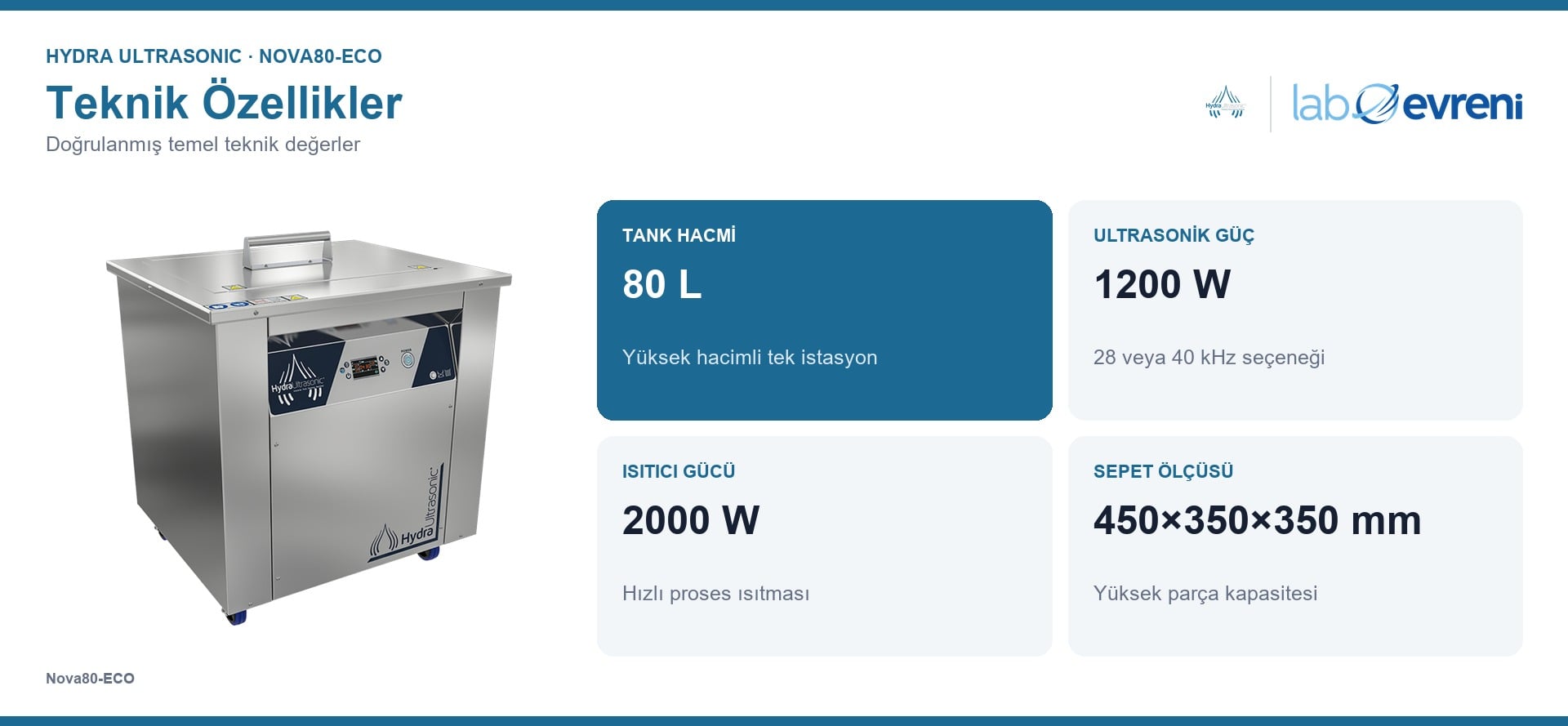 HYDRA Nova80-ECO 80 litre ultrasonik temizleme makinesinin temel teknik değerleri