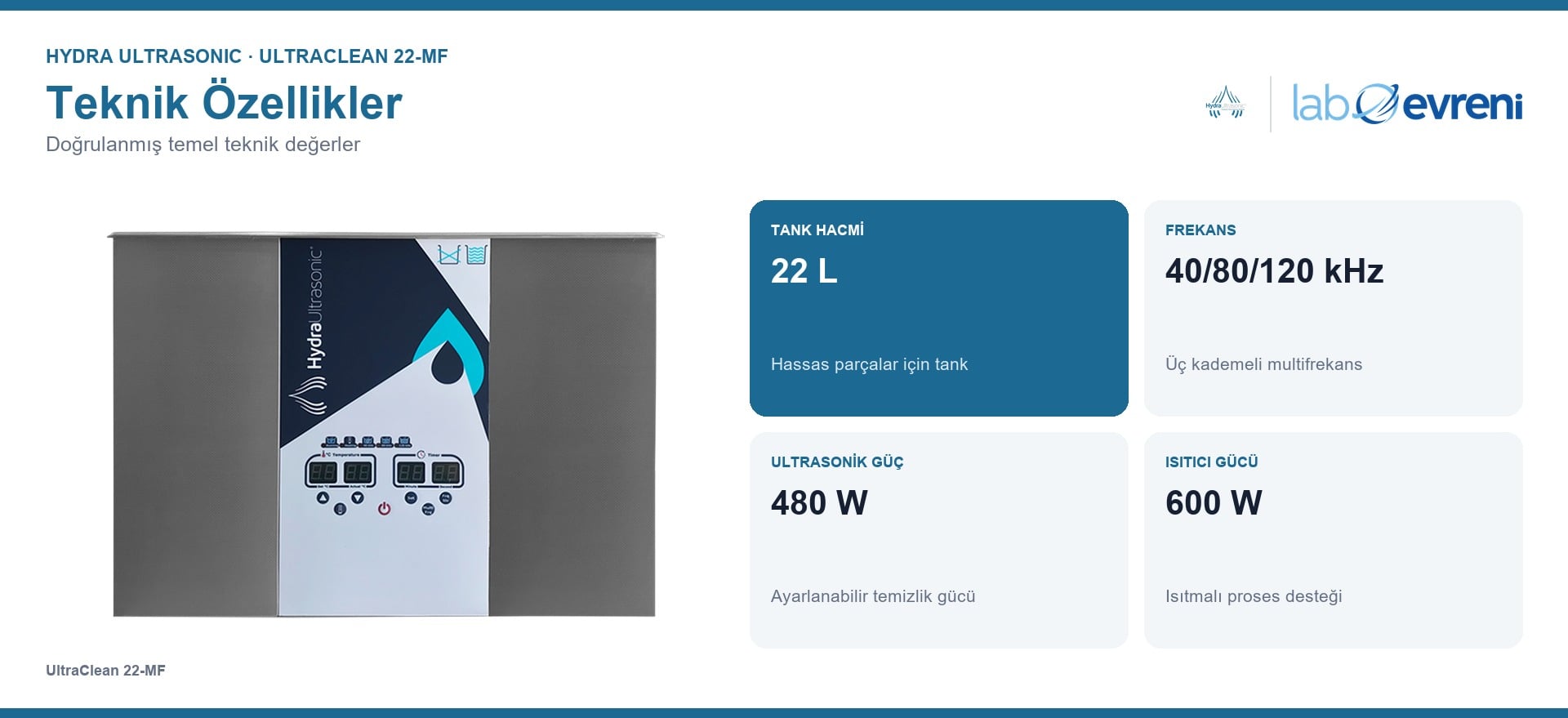 HYDRA UltraClean 22-MF 22 litre ultrasonik temizleme makinesinin temel teknik değerleri