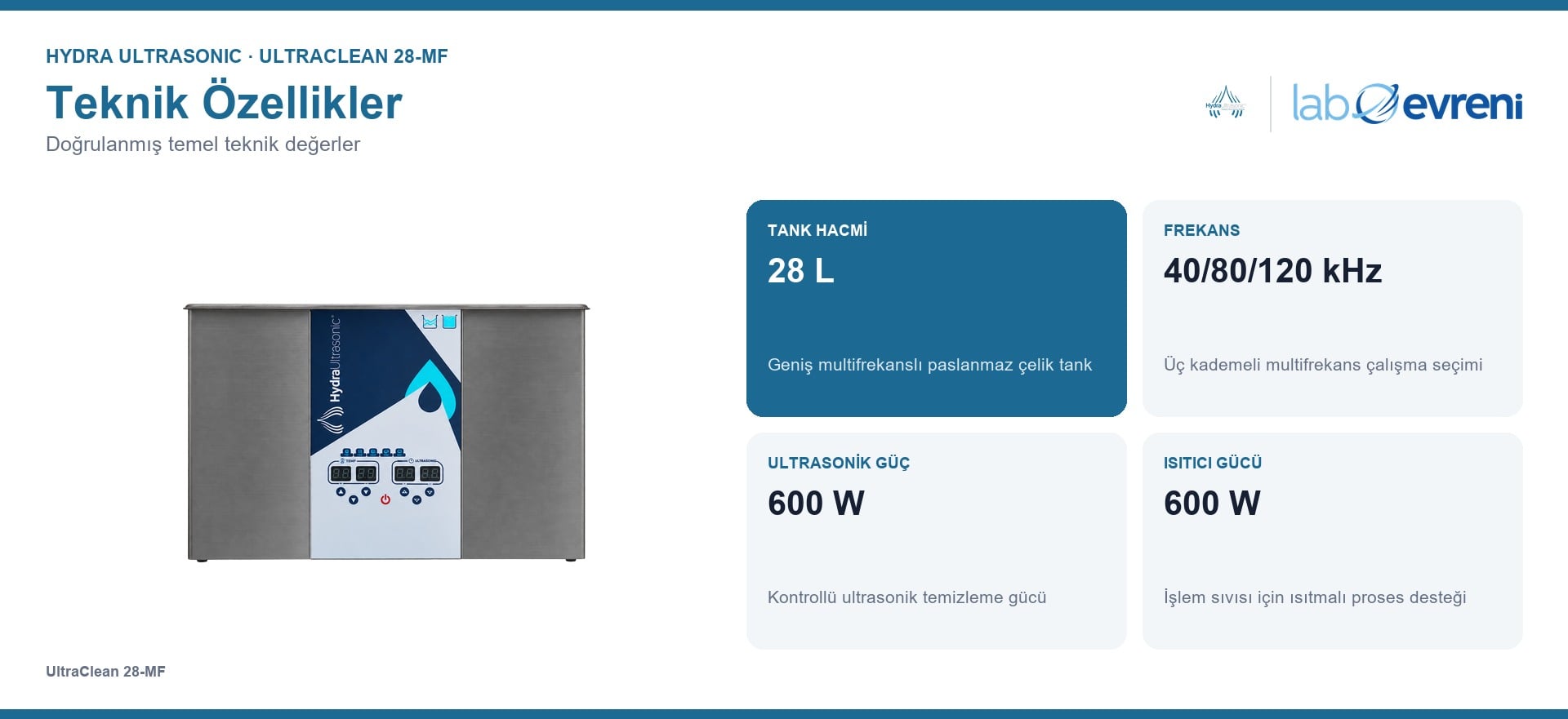 HYDRA UltraClean 28-MF 28 litre ultrasonik temizleme makinesinin temel teknik değerleri