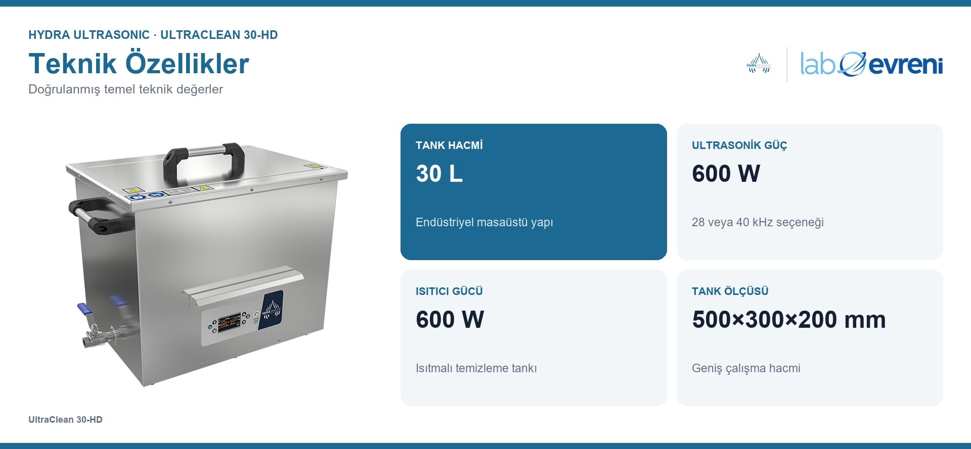 HYDRA UltraClean 30-HD 30 litre ultrasonik temizleme makinesinin temel teknik değerleri